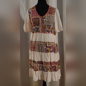ODDI Patchwork Floral Puff Sleeve Tiered Mini Dress - Boho Chic Size Small